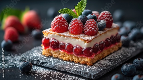 Gourmet Berry Fruit Dessert on Dark Background photo