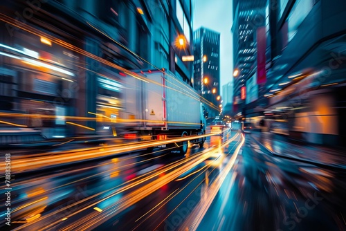 urgent delivery truck speeding through city timesensitive shipping and logistics motion blur effect photo photo