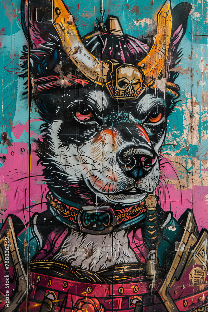 A dog with a black and white face and a gold helmet on its head A dog with a black and white face and a gold helmet on its head