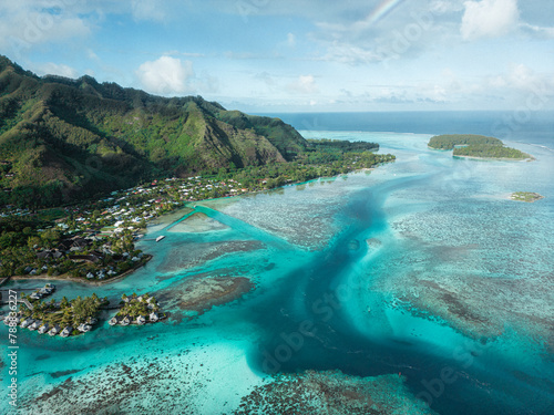 Aerial view of French Polynesia Moorea tropical island on a sunny day
