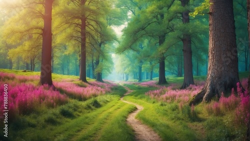 summer spring theme fantasy forest landscape with pathway and dense trees background from Generative AI