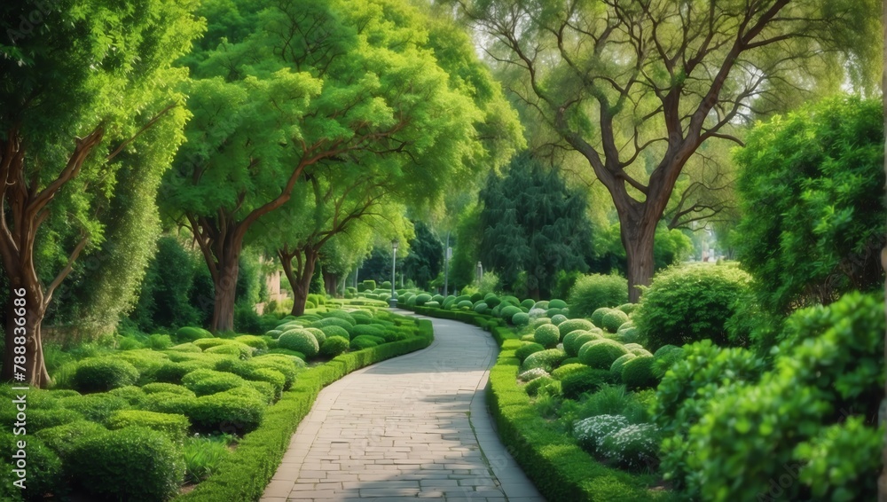 green flowers trees and bushes landscaping in park with alley stone walkway path from Generative AI