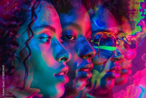 vibrant group portrait collage with neon light effects on colorful background digital art