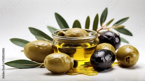 Pristine Presentation: Olives and Olive Oil on White Background