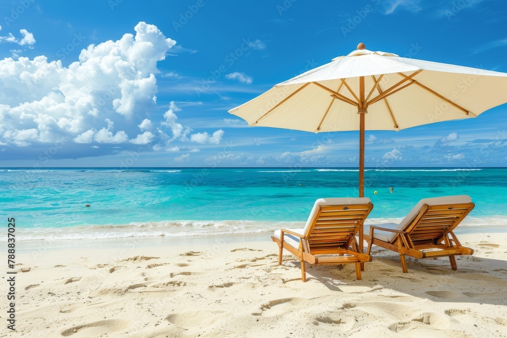 Sun loungers under umbrella overlooking clear sea