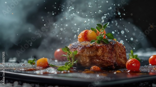 Gourmet Steak Dinner with Tomato Garnish