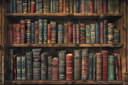vintage bookshelf with rows of antique books creating nostalgic library backdrop digital illustration photo