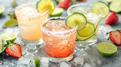 A selection of Margarita cocktails up close including lime strawberry and cucumber variations