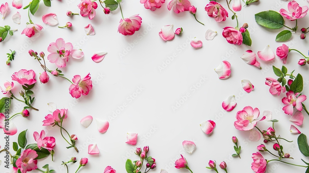 A round frame crafted from delicate pink flowers and petals adorned with vibrant green leaves set against a white background with a charming floral pattern Presented in a flat lay style fro A round frame crafted from delicate pink flowers and petals adorned with vibrant green leaves set against a white background with a charming floral pattern Presented in a flat lay style fro
