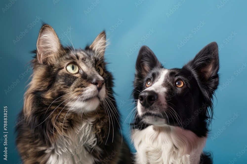 tabby cat and border collie dog in front of a blue gradient background - generative ai