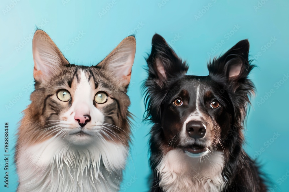 tabby cat and border collie dog in front of a blue gradient background - generative ai