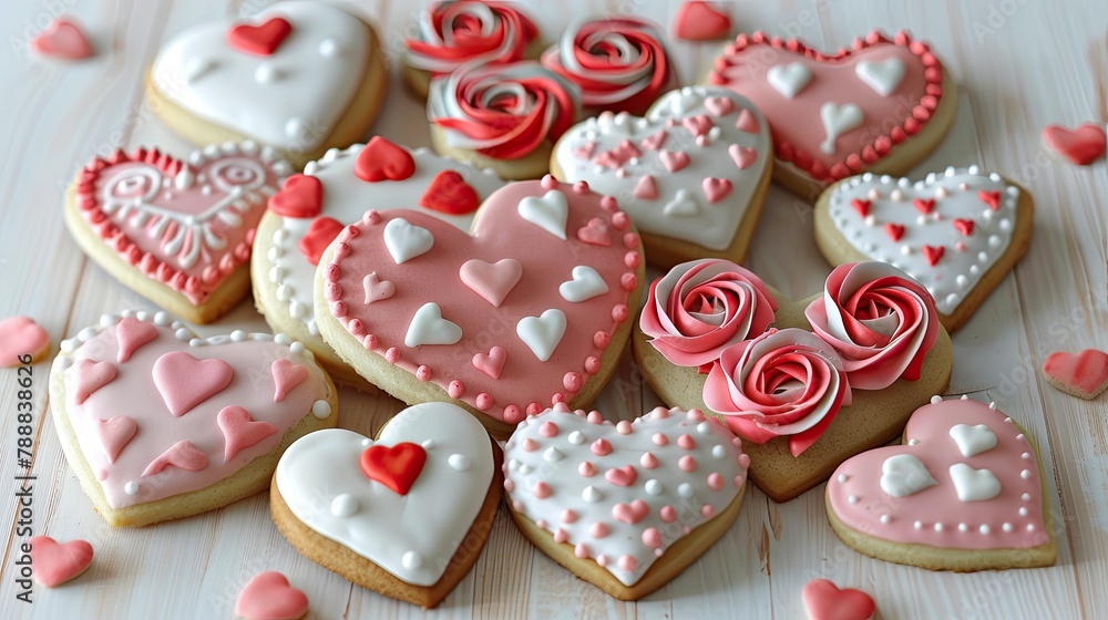 Valentine s Day themed cookies adorned with charming hearts and roses Valentine s Day themed cookies adorned with charming hearts and roses