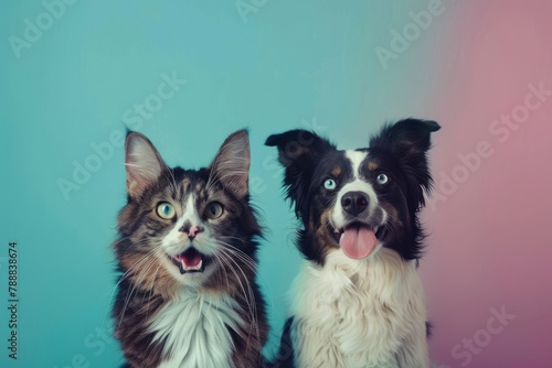 tabby cat and border collie dog in front of a blue gradient background - generative ai