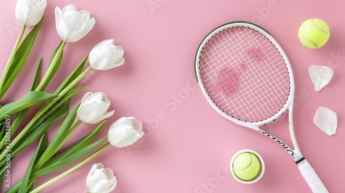 Celebrate special occasions with a festive poster featuring a tennis racket white tulips and a ball set against a pastel pink backdrop Perfect for birthdays Mother s Day Women s Day and mor photo