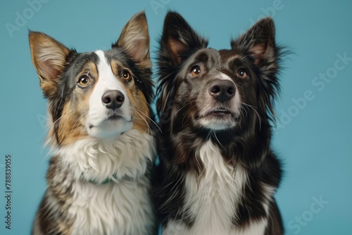 tabby cat and border collie dog in front of a blue gradient background - generative ai