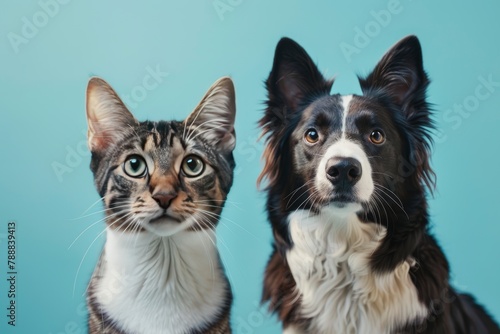 tabby cat and border collie dog in front of a blue gradient background - generative ai