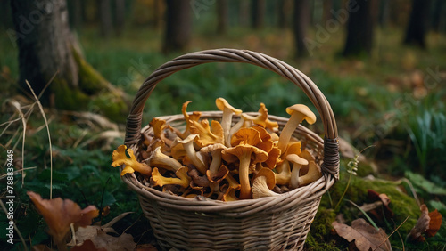 The large basket of chanterelle mushrooms sits in the forest under a tree on the grass next to leaves, many mushrooms, edible mushrooms, gifts of nature
