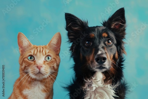 tabby cat and border collie dog in front of a blue gradient background - generative ai © Nia™