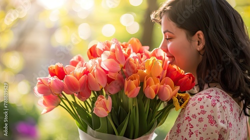 On Mother s Day a joyful daughter extends warm wishes to her mom with a beautiful bouquet of tulips