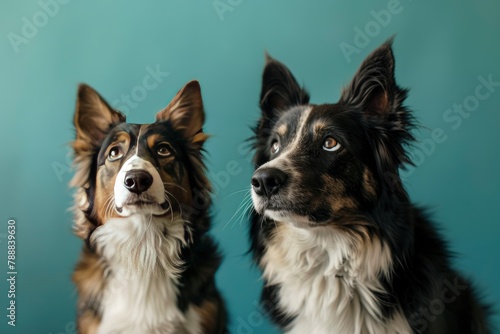 tabby cat and border collie dog in front of a blue gradient background - generative ai