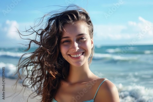 youthful woman enjoying summer beach vacation smiling portrait carefree joyful lifestyle photo