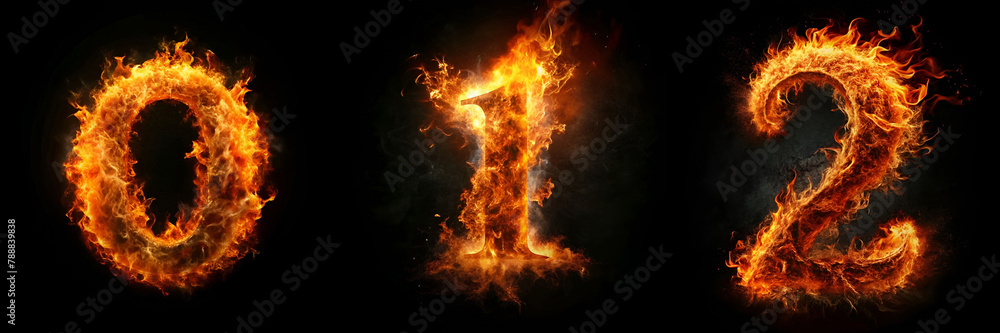 Numbers 0, 1, 2. Fire Alphabet: Intensely Fiery Lettering