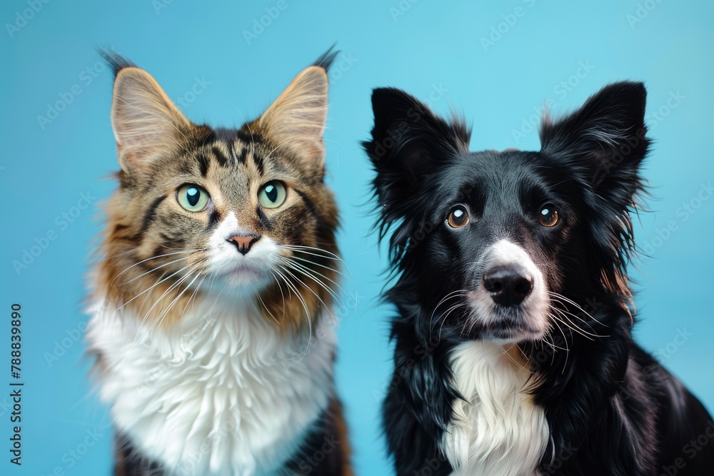 tabby cat and border collie dog in front of a blue gradient background - generative ai tabby cat and border collie dog in front of a blue gradient background - generative ai