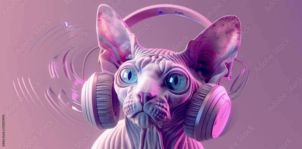 Intrigued Sphynx cat with holographic headphones. Futuristic background. Neo-pop style..