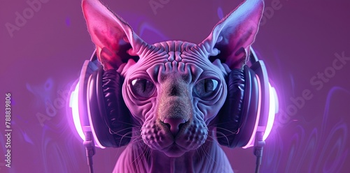 Neo-pop Sphynx cat with holographic headphones. Intrigued expression. Soft purple background.. photo