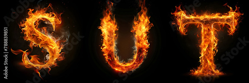 Letters  S  T  U. Fire Alphabet  Intensely Fiery Lettering
