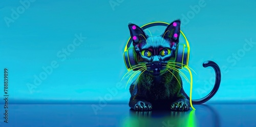 Black cat with high tail. Chunky neon headphones with glowing wires. Neo-pop style.. photo