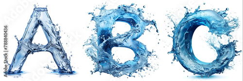 Letters A, B, C. Water Alphabet: ultra-realistic water splash effect.