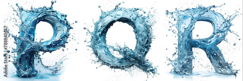 Letters, p, q, r. Water Alphabet: ultra-realistic water splash effect. photo