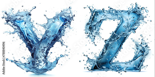 Letters Y, Z. Water Alphabet: ultra-realistic water splash effect.