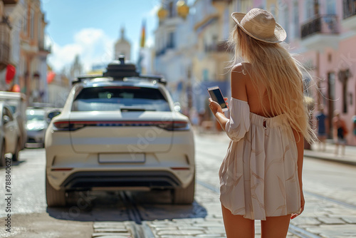 Woman in a hat calling an autonomous taxi on an European street photo