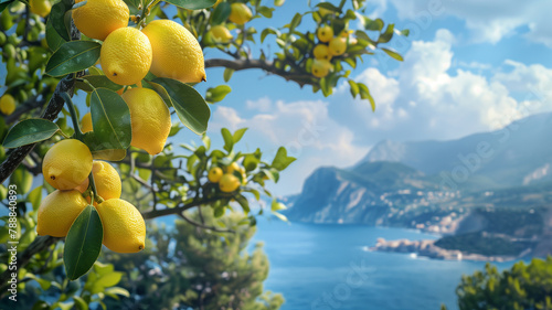 Bright ripe lemons on the tree on the background of the Mediterranean city, sea coast surrounded by green mountains