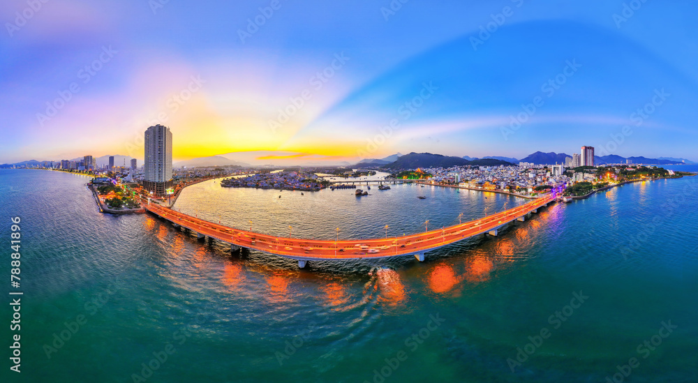Nha Trang city seen from above in the night with a beautiful stretch of clean sand attracts tourists to visit in Vietnam