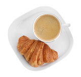 Fresh croissant and coffee isolated on white, top view. Tasty breakfast