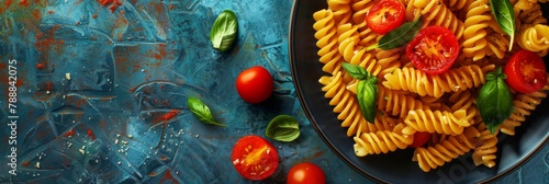 Fusilli pasta with tomatoes and basil on blue background.