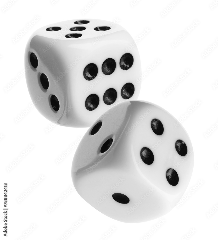 Two dice in air on white background Two dice in air on white background