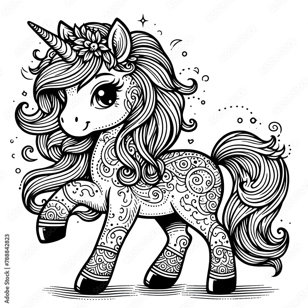 Fototapeta premium ink, beautiful, black and white, line, picture, line art, cartoon, background, decoration, art, silhouette, drawing, paint, sketch, illustration, set, design, ornament, cute, detailed, unicorn