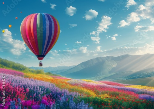 A hot air balloon flying over a colorful flower field, with a blue sky and sun rays