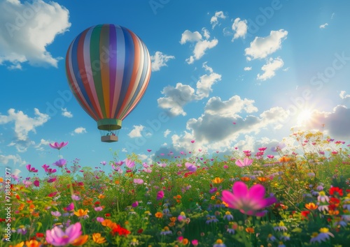 A hot air balloon flying over a colorful flower field, with a blue sky and sun rays