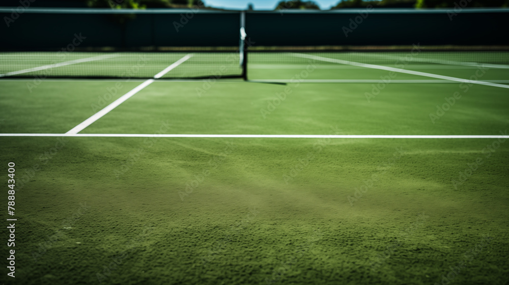 Empty Green Tennis Court with Vivid Court Lines and Net