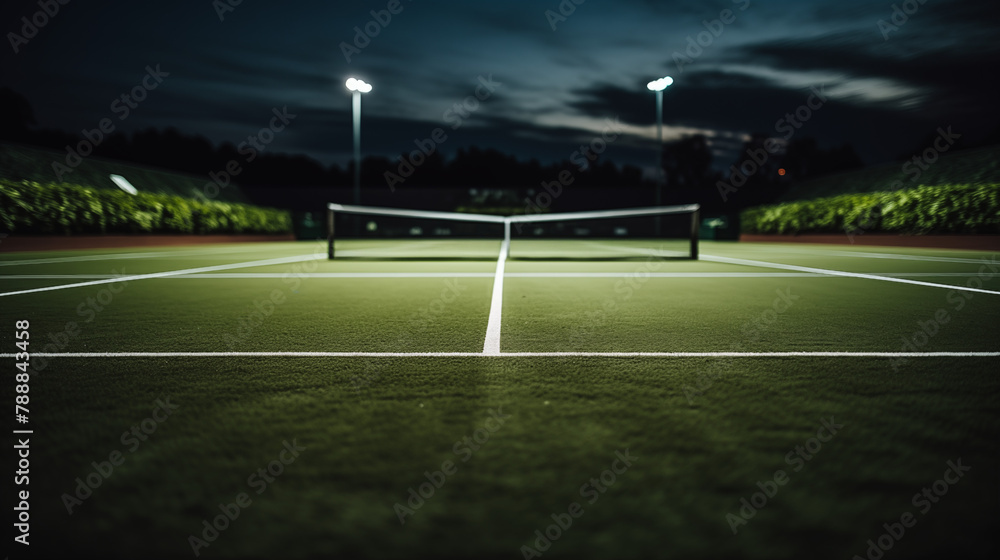 Illuminated Tennis Court at Dusk with Bright Court Lines