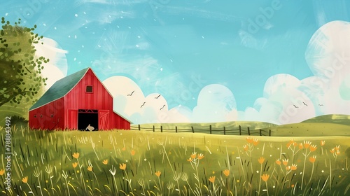 red barn field dog doorway entertainment princess bright sunny summer day bountiful crafts streaming old american midwest cute partly cloudy sky hay spring storyboard cow