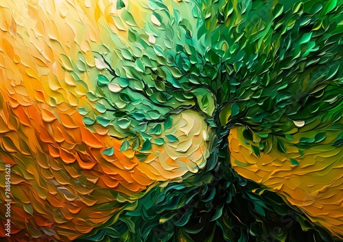 tree green leaves yellow background swirly ripples magic mind bending geometry oil thick impasto technique vibrant whirlwind liquid sculpture photo