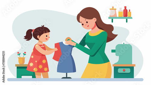 A mother and daughter working together at a repair café fixing a torn dress and saving it from being thrown away.