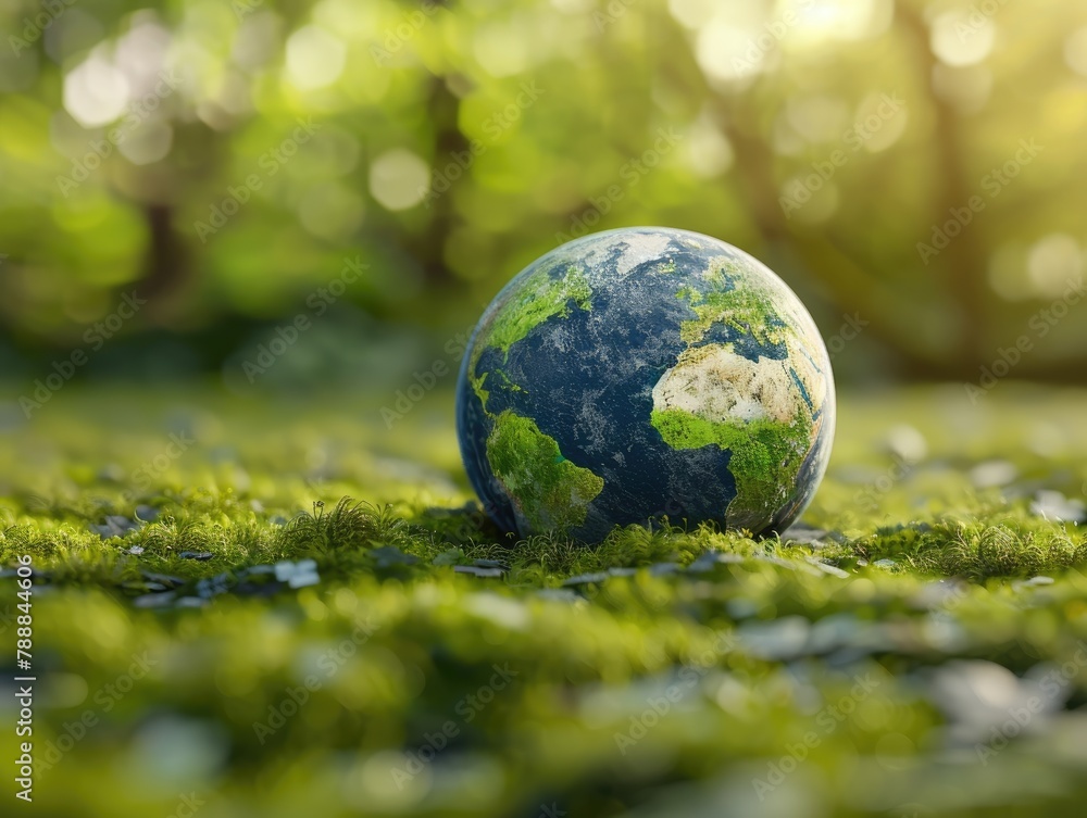 Earth day. Globe nestled in grass with daisies, highlighting Earth's natural beauty and ecology Earth day. Globe nestled in grass with daisies, highlighting Earth's natural beauty and ecology