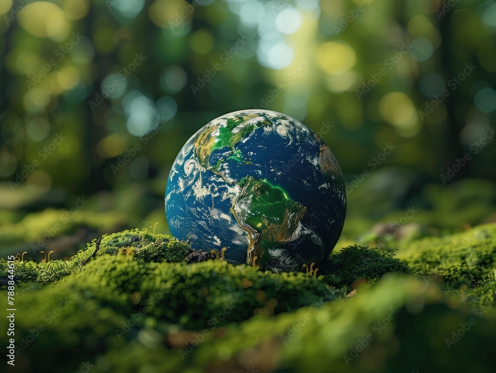 Earth day. Globe nestled in grass with daisies, highlighting Earth's natural beauty and ecology Earth day. Globe nestled in grass with daisies, highlighting Earth's natural beauty and ecology